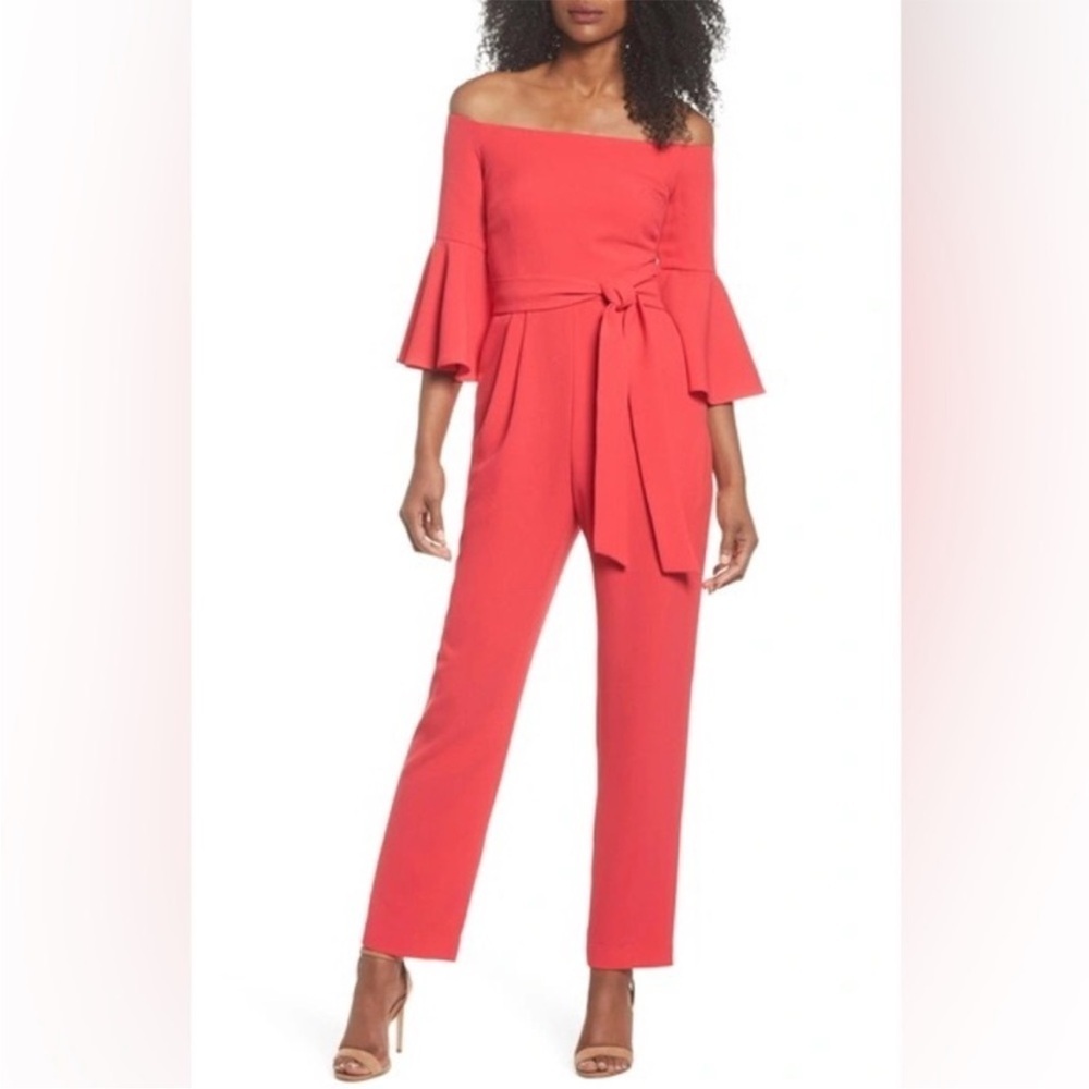 NWT Eliza J Red Off-the-shoulder Bell Sleeve Tie Waist Jumpsuit Sz 6 - Picture 16 of 16